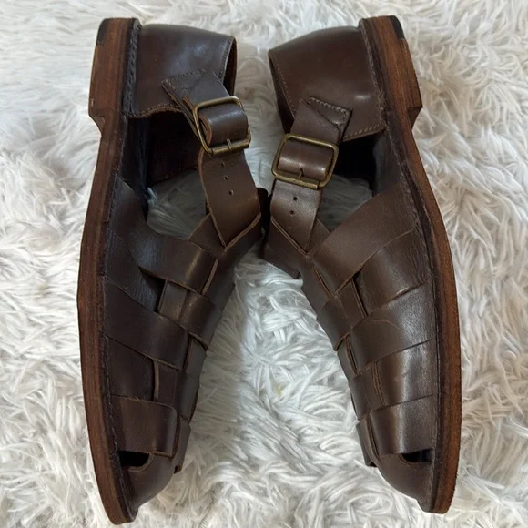 Polo Ralph Lauren Cognac Brown Leather Woven Fisherman Sandals 10 - Picture 1 of 10